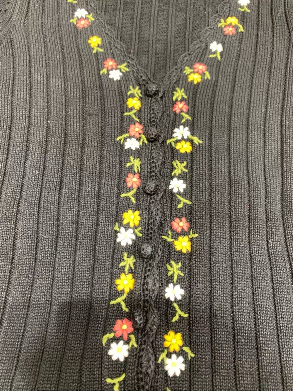 SEZANE Black Floral Embroidered Short Sleeve Ribbed Knit Iliana Cardigan, S M L - Picture 6 of 9